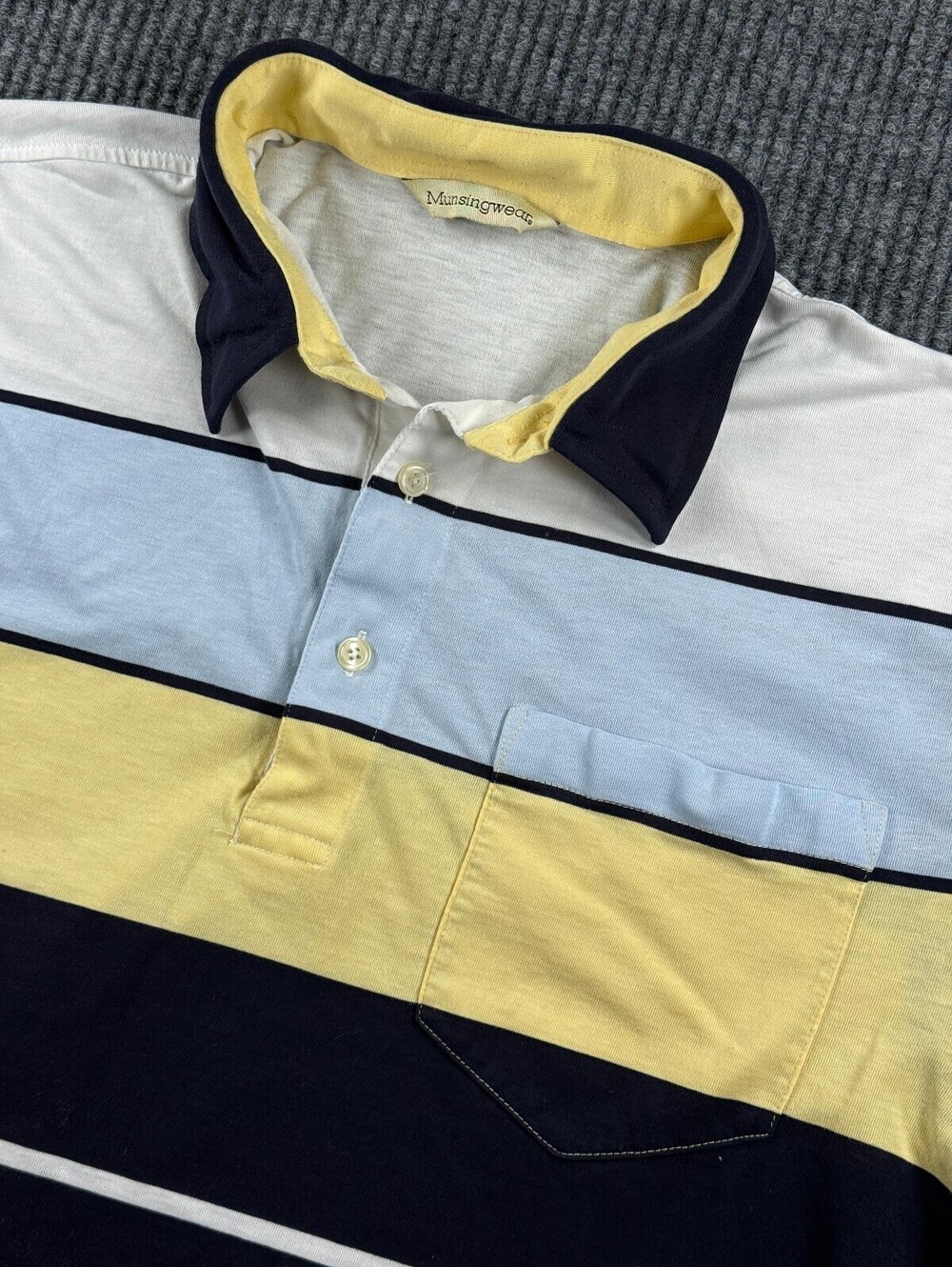 Vintage Munsingwear Short Sleeve Polo Blue Yellow Striped Punk Grunge (No Size)